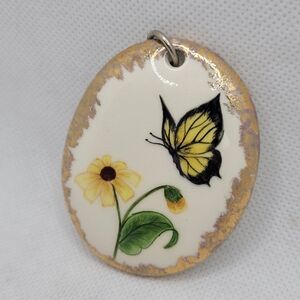Hand Painted Swallowtail Yellow Butterfly Black-eyed Susan Flower Pendant Fairy